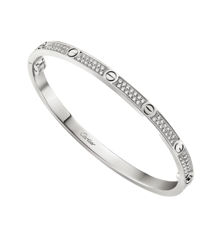 браслет cartier love белое золото, маленькая модель, бриллиантовый паваж