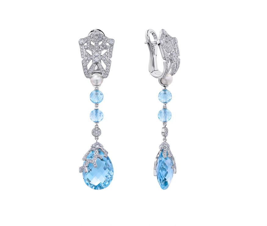 серьги c топазами 21.38 ct , жемчугом и бриллиантами 1.40 сt