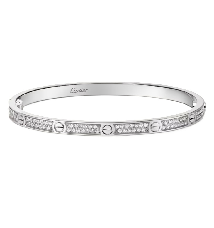браслет cartier love белое золото, маленькая модель, бриллиантовый паваж
