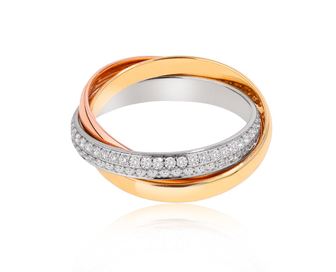 кольцо trinity cartier из трех видов золота с бриллиантами.