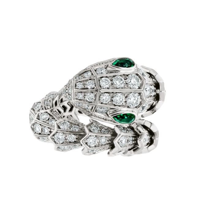 кольцо bulgari serpenti с бриллиантами 3,991сt и изумрудами 0,610 сt