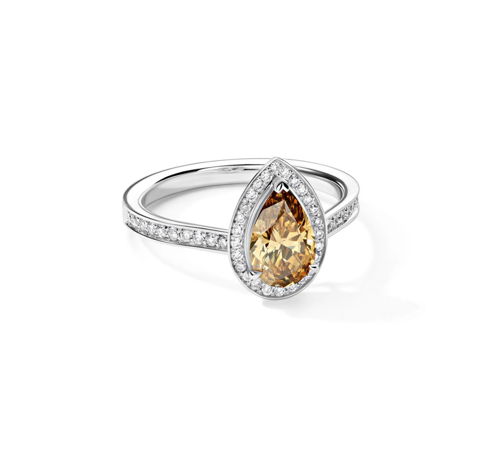 помолвочное кольцо из белого золота с желтым бриллиантом 1.23 ct и бриллиантами 0.32 ct