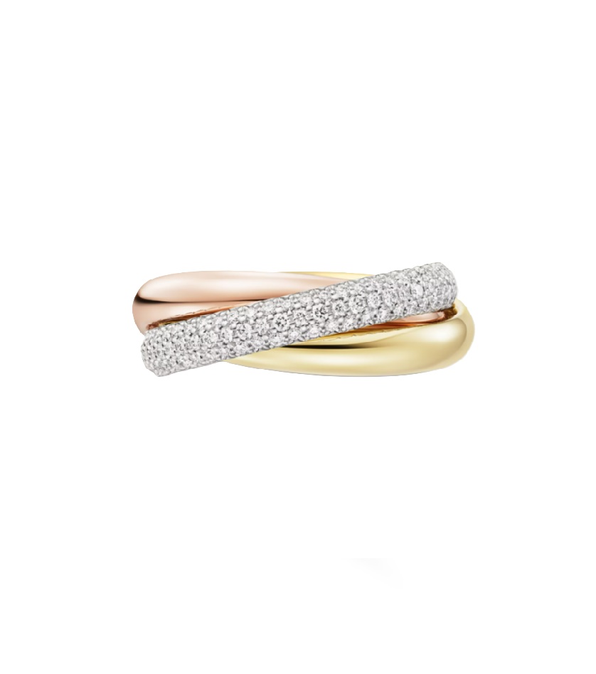 кольцо trinity cartier из трех видов золота с бриллиантами.